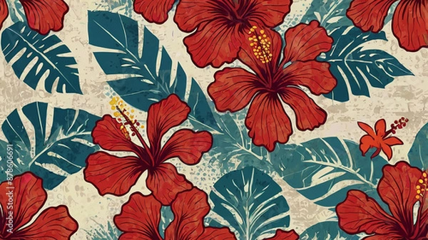 Fototapeta Grunge style hibiscus seamless abstract vector background