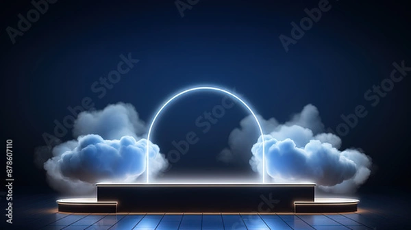 Fototapeta Neon arch in dark blue lights room with clouds. Abstract background for party stage or product display.