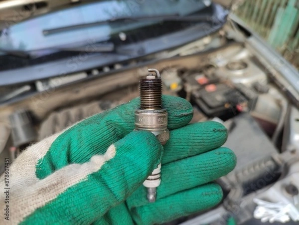 Obraz Mechanic holds a car spark plug with oil deposits in his gloved hand