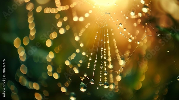 Fototapeta Morning Dew on Delicate Spider Web with Golden Light