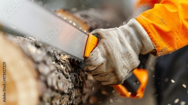 Fototapeta Safe tool usage in tree cutting with emphasis on risk management and health and safety practices, focus cover all object