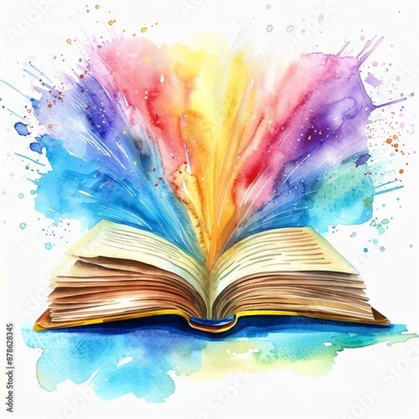 Fototapeta A vibrant watercolor painting of an open book with colorful splashes, symbolizing creativity, imagination, and learning.