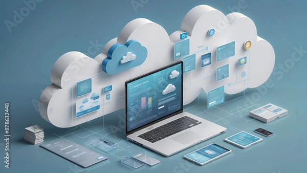 Obraz Cloud Computing Technology Concept, Data Storage and Management, Digital Transformation, Cloud Infrastructure, Modern IT Solutions, Remote Work Tools, Business Digitalization, Online Collaboration