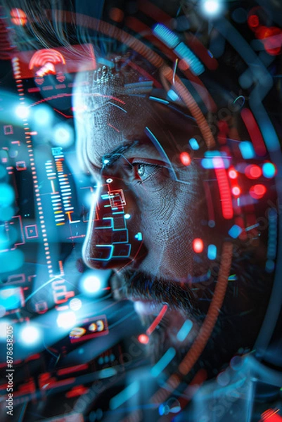 Obraz the man's face in a computer screen, in the style of science-fiction dystopias, neurocore