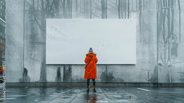 Obraz the woman in an orange coat is holding up a large blank sign, in the style of new american documentary photography