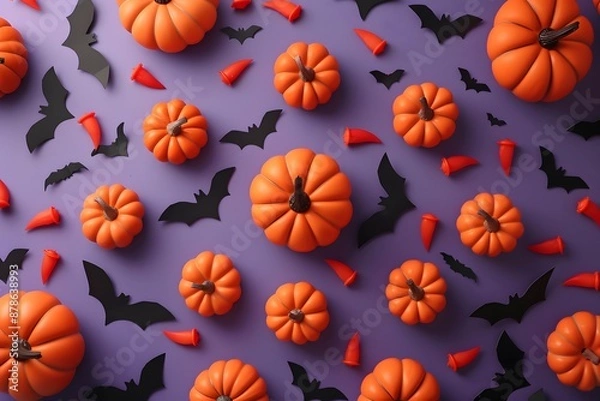 Fototapeta Festive Halloween background with pumpkins, bats, and candy on a vibrant purple backdrop.