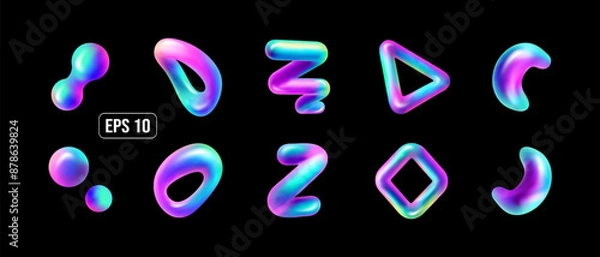 Fototapeta Set of 3D holographic fluid shapes. Isolated vector illustrations.