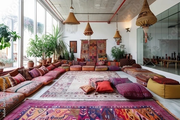 Fototapeta A vibrant bohemian living room with an abundance of colorful pillows and rugs creating a cozy and inviting space, Bohemian living room with floor cushions and colorful tapestries
