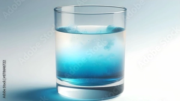 Fototapeta A glass cup containing a gradient mixture of transparent blue liquid on an abstract white background