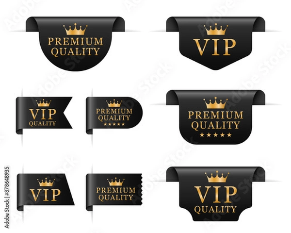 Fototapeta Premium, VIP, luxury golden labels, banners and ribbon corners, vector premium quality badges. Gold and black isolated vector signs of exclusive quality products. Vector illustration