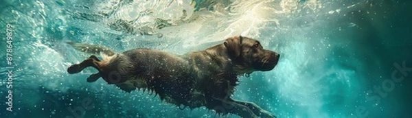 Obraz A dog swimming in space, highly realistic, cosmic background, weightless motion, surreal scene, floating canine, interstellar swim