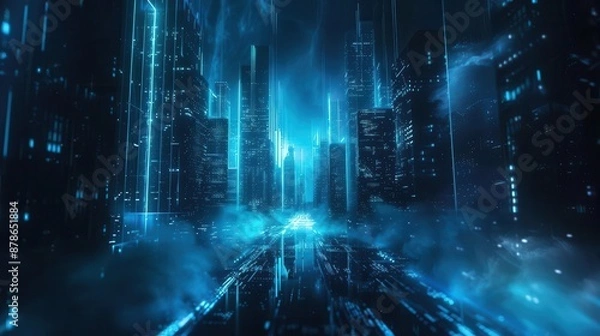 Fototapeta futuristic abstract cityscape with glowing neon blue light streams dark angular structures and a sense of highspeed digital transformation against a deep black sky