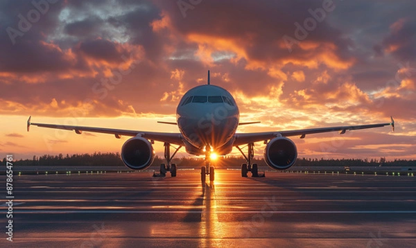 Fototapeta Airplane against the backdrop of the airport. The plane takes off from the airport. Modern airplane. Travel concept. Tourism