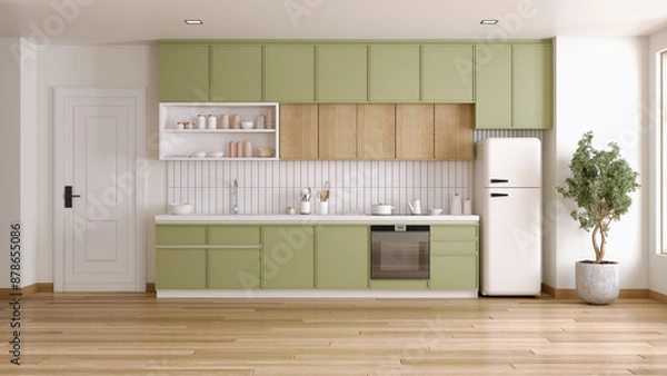 Obraz Kitchen room interior with Bright green kitchen counter in minimal space .3D illustration