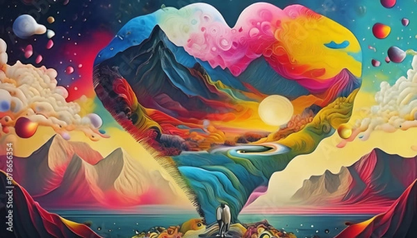 Fototapeta カラフルでいびつなハートのある精神世界　AI画像　ジェネレーティブAI