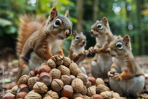 Obraz A family of squirrels gathering nuts for the winter, creating a giant pile in the process