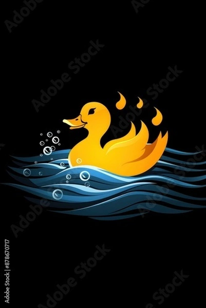 Fototapeta  Simple logo design featuring a yellow duck with a beak, black background, gray for the duck texture and white, minimalist