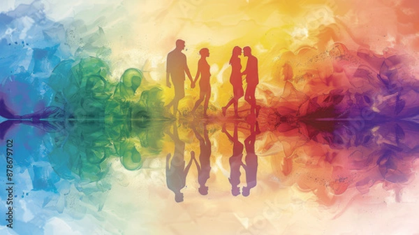 Fototapeta A colorful painting of a group of people walking in a rainbow