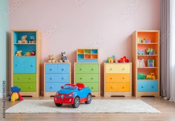 Fototapeta little children boys or girls bedroom furniture interior design with toys and colorful cabinets, empty blank wall