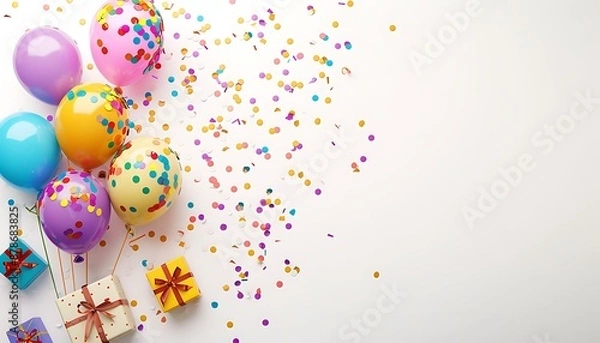 Fototapeta Festive birthday party banner featuring colorful balloons and gifts on a white background, confetti scattered, space for text, in a playful and whimsical style.