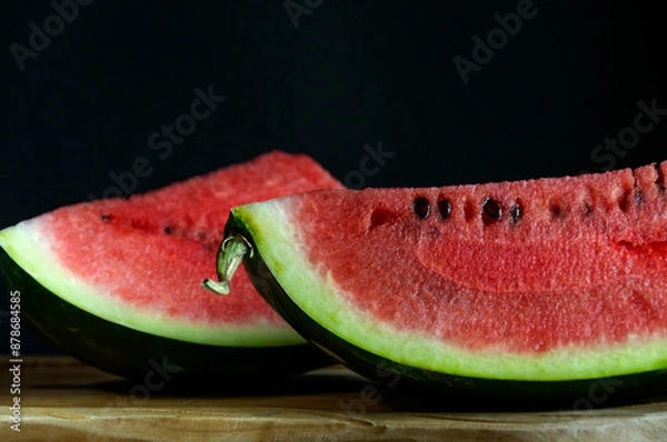Obraz Large pieces of ripe watermelon on a wooden table with a black background.Natural light