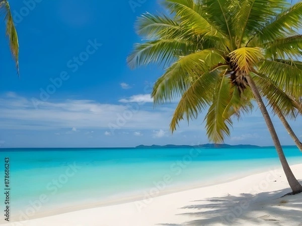 Fototapeta Tropical white sandy beach with palm and sea