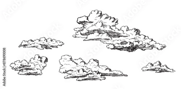 Fototapeta Set of clouds in hand drawn vintage retro style isolated on white background. Cartoon design elements. Vector illustration.	
