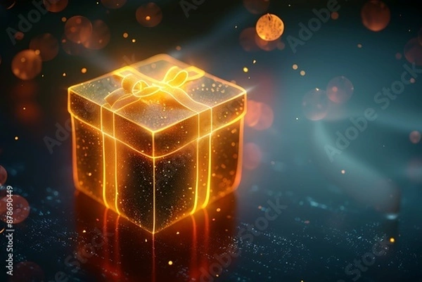 Obraz A glowing gift box icon with a ribbon, representing surprises and generosity