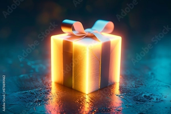 Obraz A glowing gift box icon with a ribbon, representing surprises and generosity