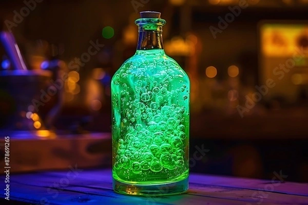 Obraz A glowing green glass bottle filled with a bubbling, bioluminescent potion.