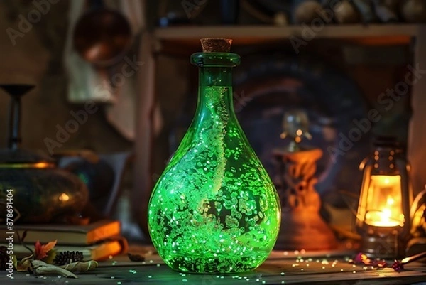Obraz A glowing green glass bottle filled with a bubbling, bioluminescent potion.