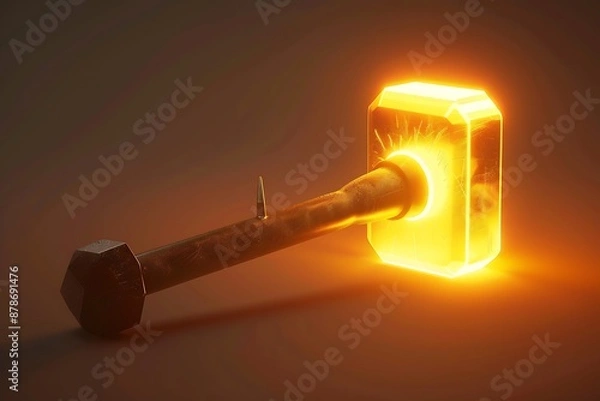 Obraz A glowing hammer icon with a nail, representing construction and craftsmanship