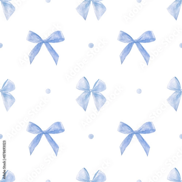 Fototapeta Soft blue watercolor coquette bow. Pastel blue ribbon seamless pattern hand drawn