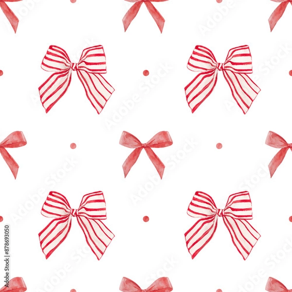 Fototapeta Red stripe watercolor coquette bow. Cute ribbon seamless pattern hand drawn wrapping paper for Christmas, Valentines Day