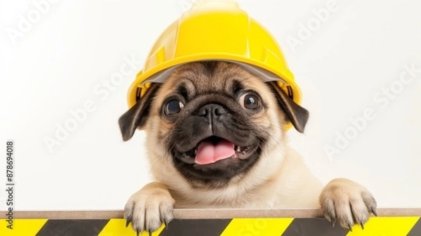 Fototapeta A pug wearing a yellow hard hat is smiling and looking at the camera. Concept of playfulness and humor, as the dog is dressed up in a construction worker's outfit