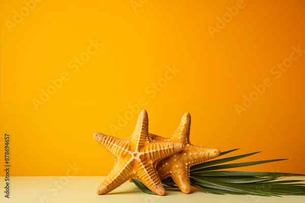 Fototapeta Two starfish on yellow studio background, summer and beach concept