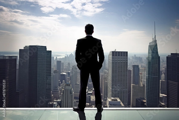 Fototapeta generated illustration Business man stand top of building abstract background.