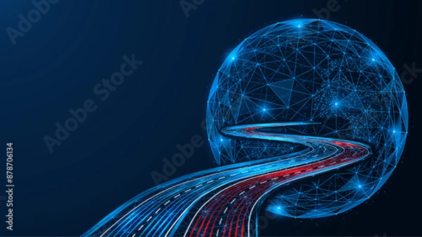 Fototapeta Concept of broadband Internet connection. The road leading to the networked planet. Polygonal design of interconnected lines and dots. Blue background.