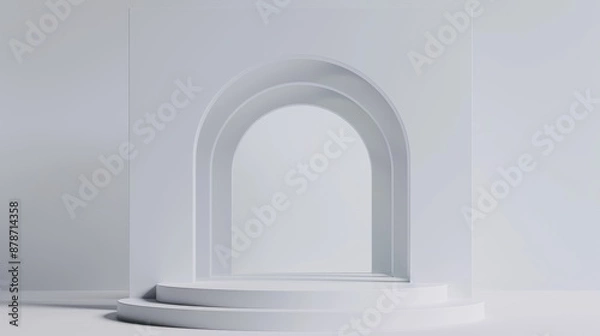Fototapeta Contemporary podium with a white background, high-resolution 3D rendering, designed for product presentation and advertising use, focus cover all object