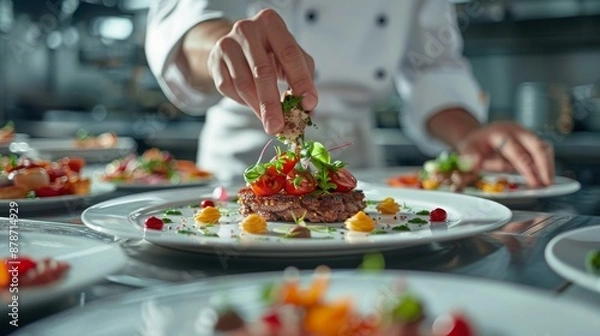 Fototapeta An exquisite gourmet meal being served in an upscale restaurant, with a focus on fine dining, presentation, and culinary artistry