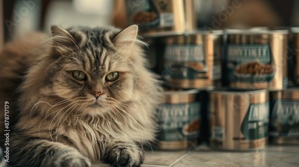 Fototapeta Fluffy feline with a big belly lounging near a stack of cat food cans, eyeing them hungrily.