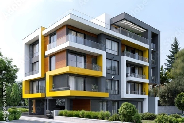 Fototapeta A contemporary apartment building with a sleek and modern design. The color palette is dominated