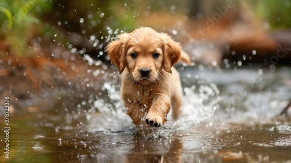 Obraz Golden retriever puppy runs through water