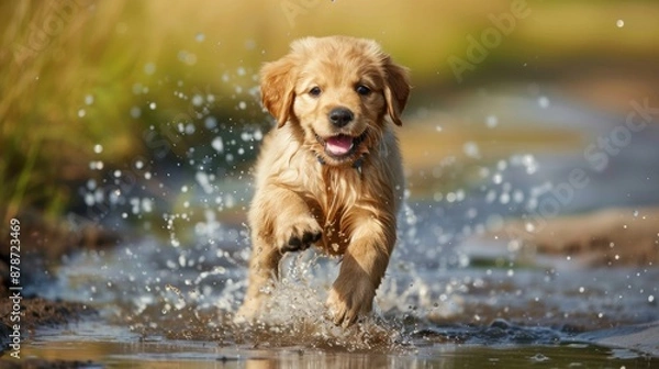 Fototapeta Golden retriever puppy running through water in a field