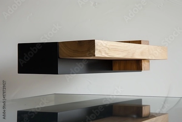 Fototapeta A minimalist desk organizer, blending natural wood and matte black finishes, floating above a reflective surface