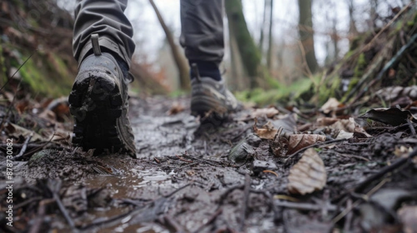 Obraz Hiker wearing hiking boots walking on muddy trail