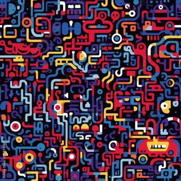Fototapeta A vibrant surreal seamless pattern of colorful squares arranged in a dynamic grid against a black background.