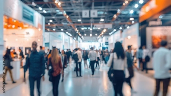 Fototapeta Blurred view of people walking through a large convention center