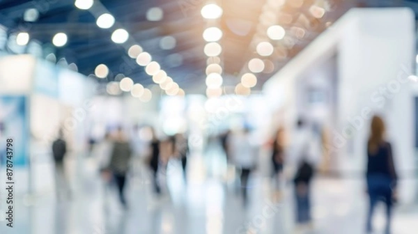 Fototapeta Blurred view of people walking through a convention center