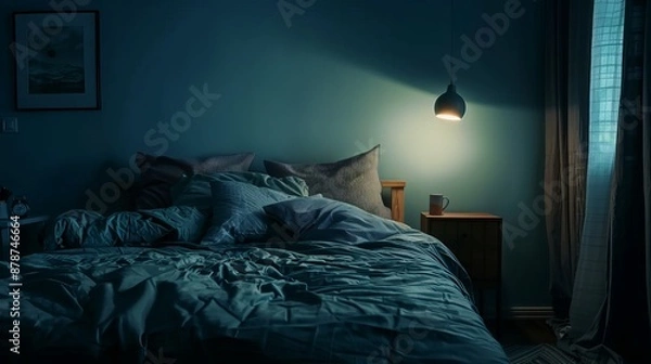 Obraz A cozy bed in a dark bedroom. Moonlight and bedside lamp cast shadows. Scandinavian-style interior complete with bedside table and nightstand.